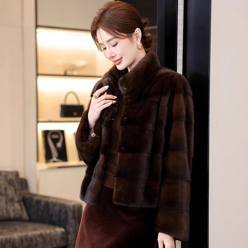 貂皮大衣高端咖啡本色横排整貂水貂皮大衣冬季新款裘皮皮草短外套