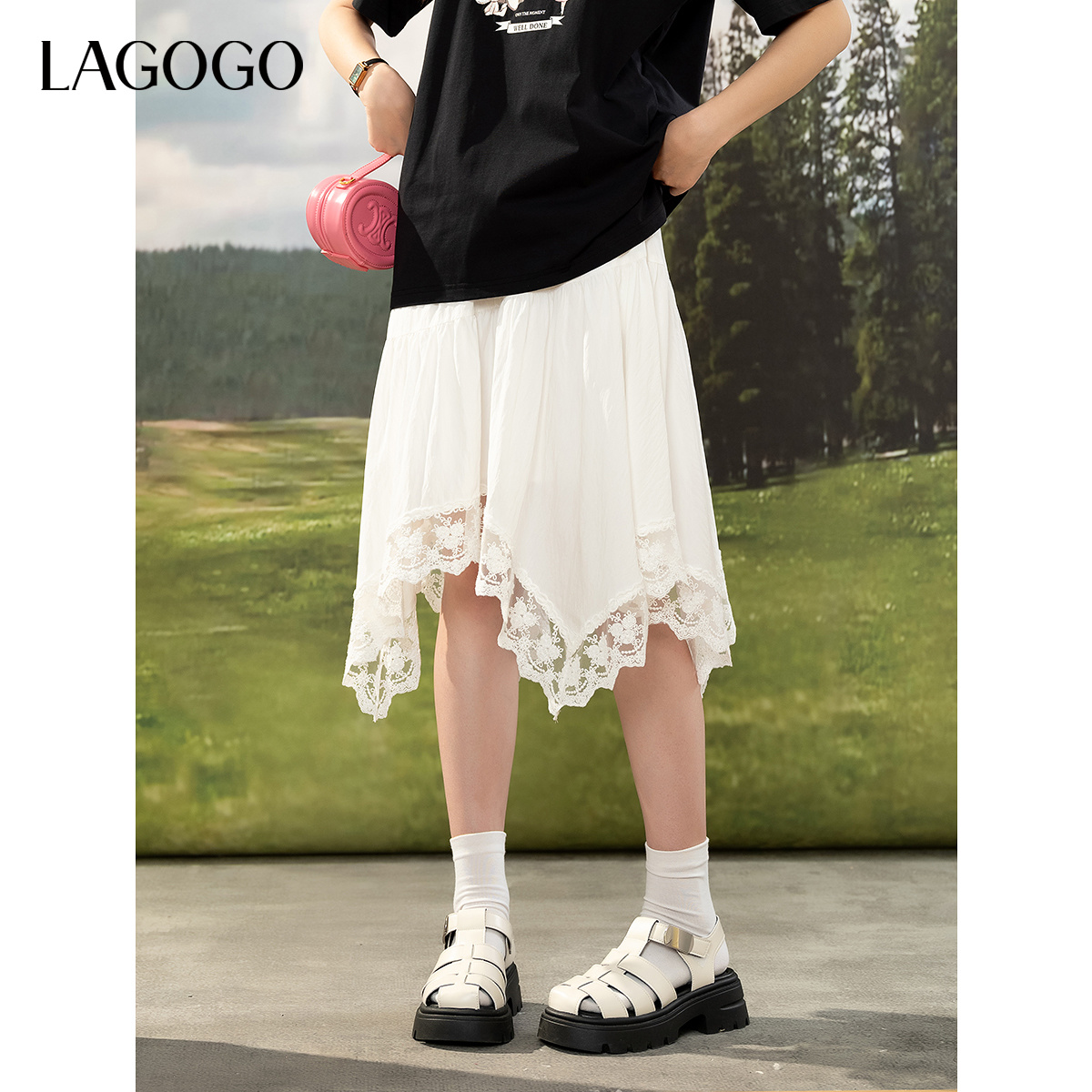 【黄蓉推荐】lagogo新款不规则设计感重工蕾丝半裙女OABB353G29