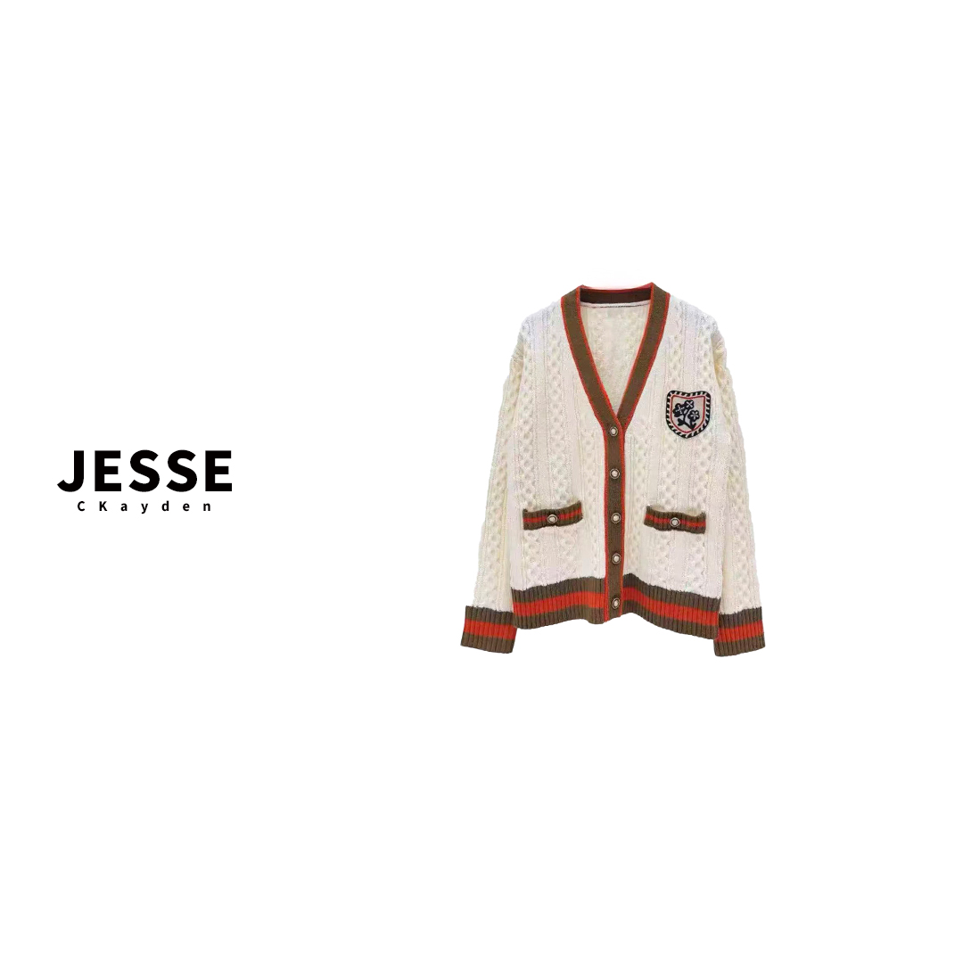 米白色深蓝色 轻奢气质小香风针织常规款冬季毛针织衫上衣SS0595