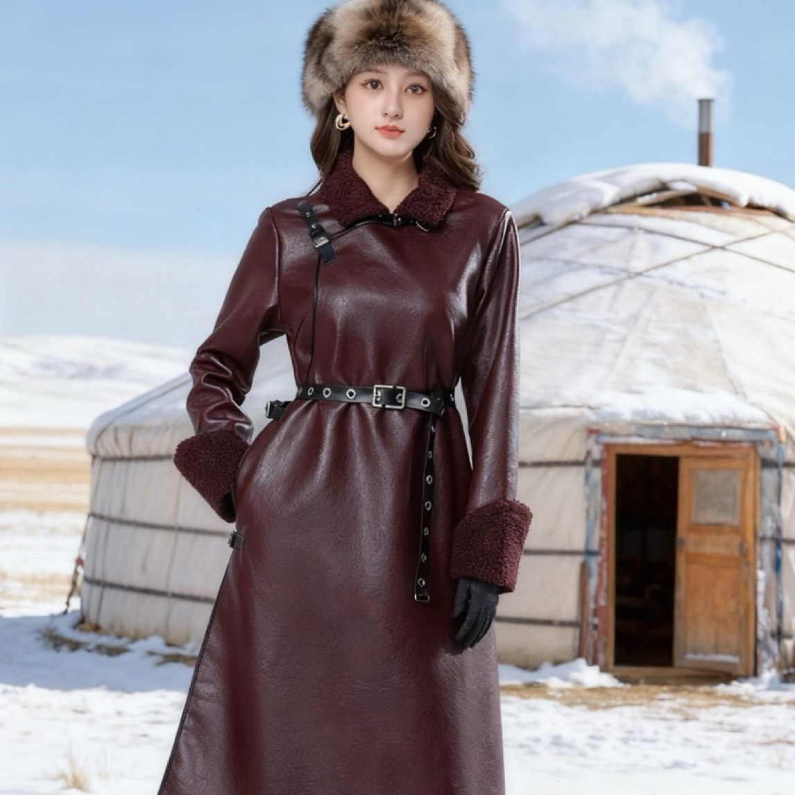 新款民族风蒙古元素中长款皮衣显瘦气质网红时尚皮衣女外套复古风