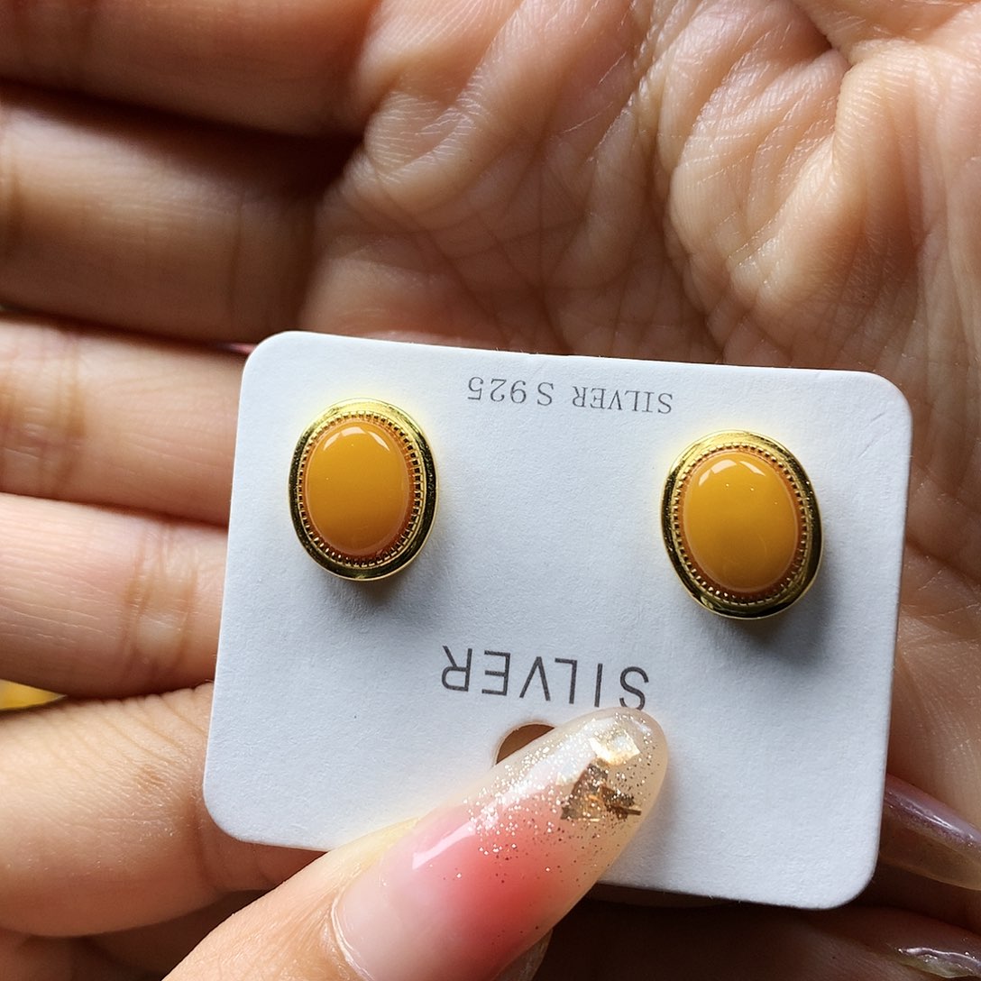 蜜蜡耳饰银S925镶嵌耳钉