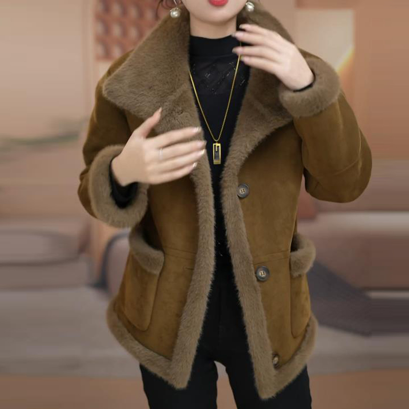 冬季保暖外套女加绒加厚洋气冬季短外套皮毛一体外套女气质百搭