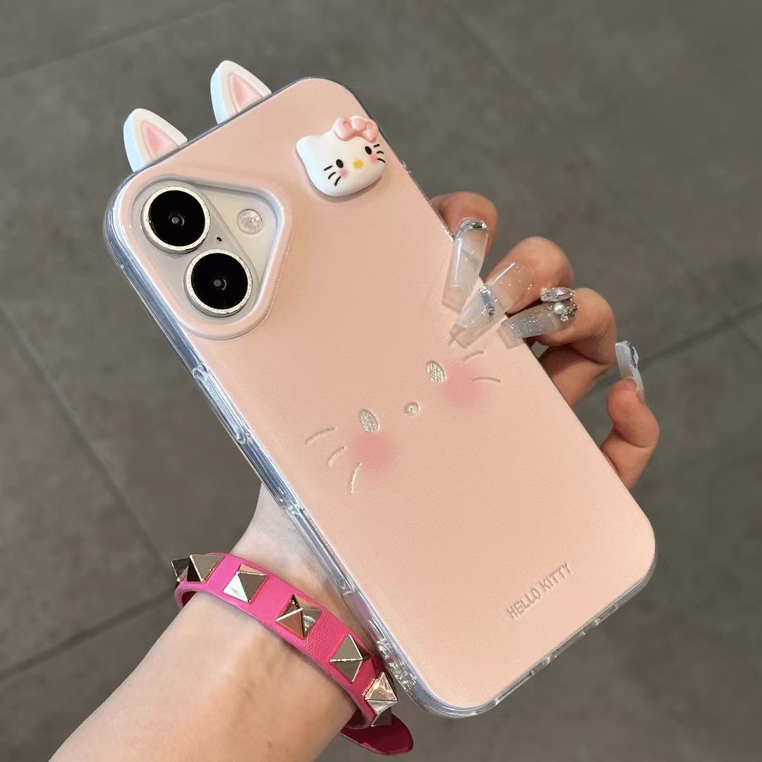 日韩粉Kitty表情耳朵适用苹果16ProMax大孔手机壳vivo华为oppo小