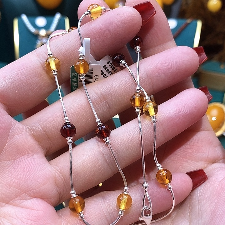 琥珀颈饰银S925镶嵌欧式