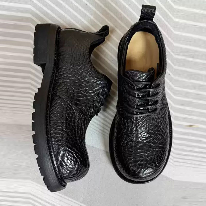 重水洗牛皮大头德比鞋真皮厚底潮鞋男士休闲鞋黑色工装鞋增高皮鞋
