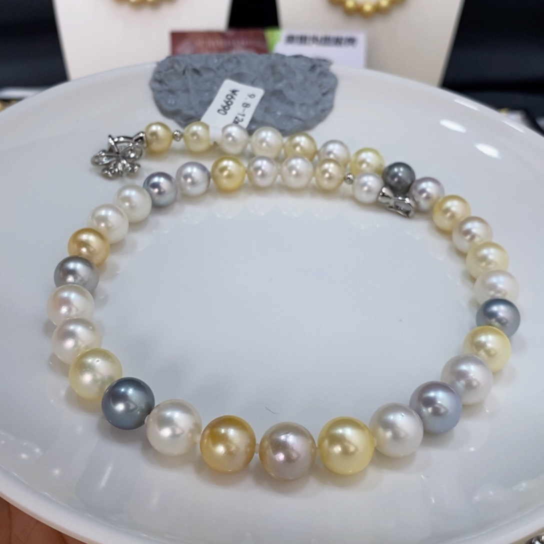 海水珍珠颈饰未镶嵌追*者南洋金白灰项链9.8-12莫