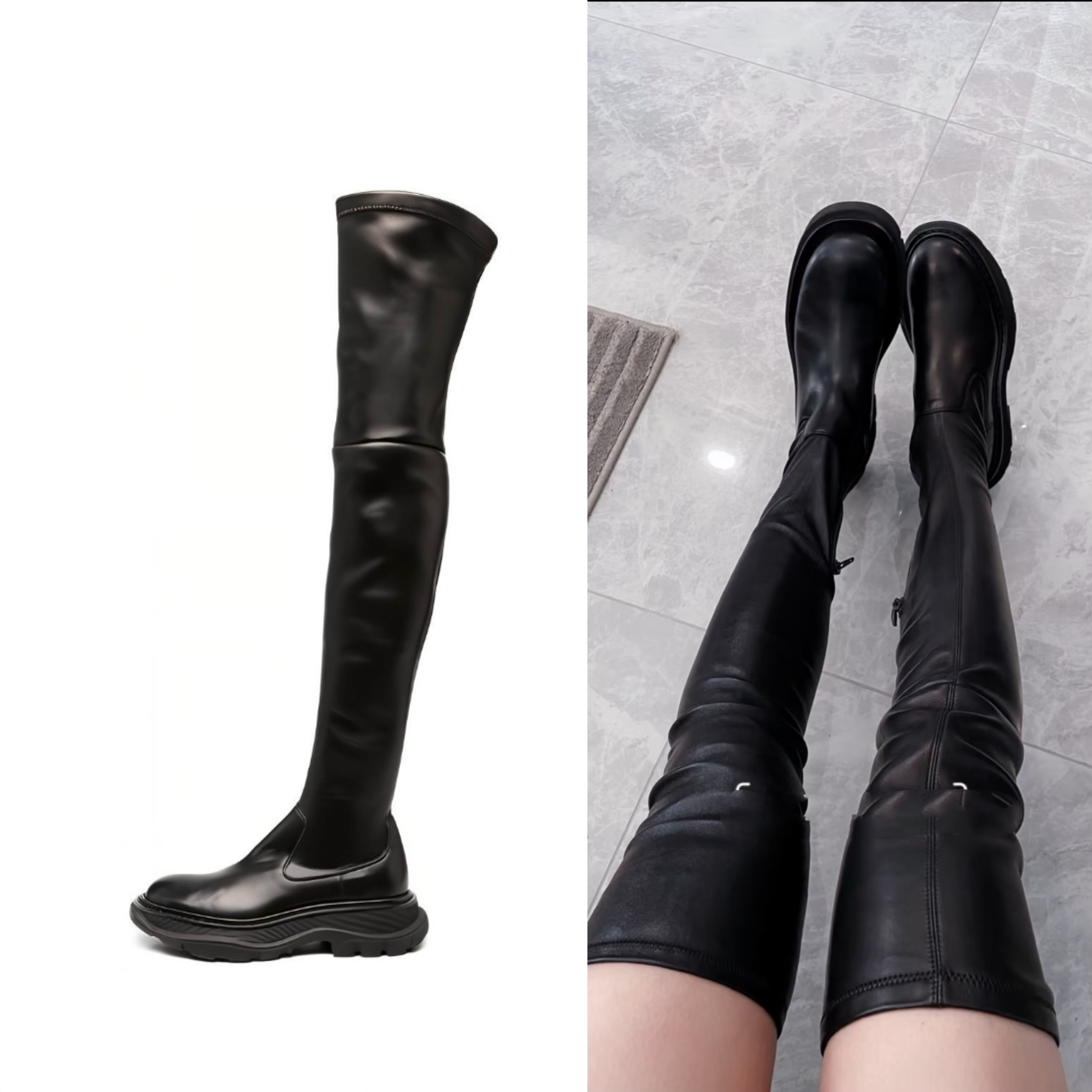 全新未使用 Alexander Mcqueen Mcq 麦昆 女士厚底黑色牛皮过膝靴