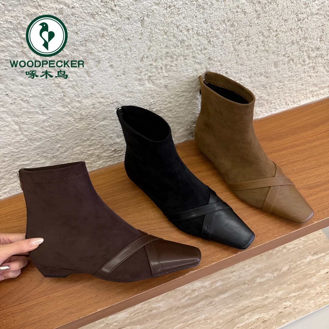 啄木鸟方头绒面拼接时装靴女2025秋季新款气质瘦瘦靴后拉链短靴女