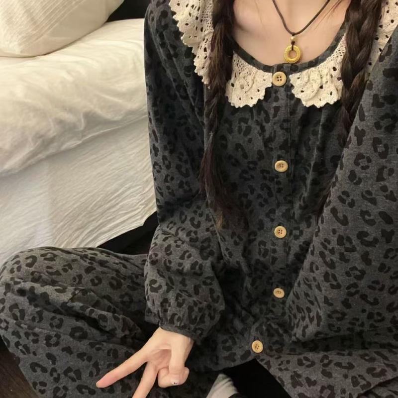 睡衣女秋冬德绒花边开衫长袖韩版甜美家居服套装宽松复古显瘦时尚