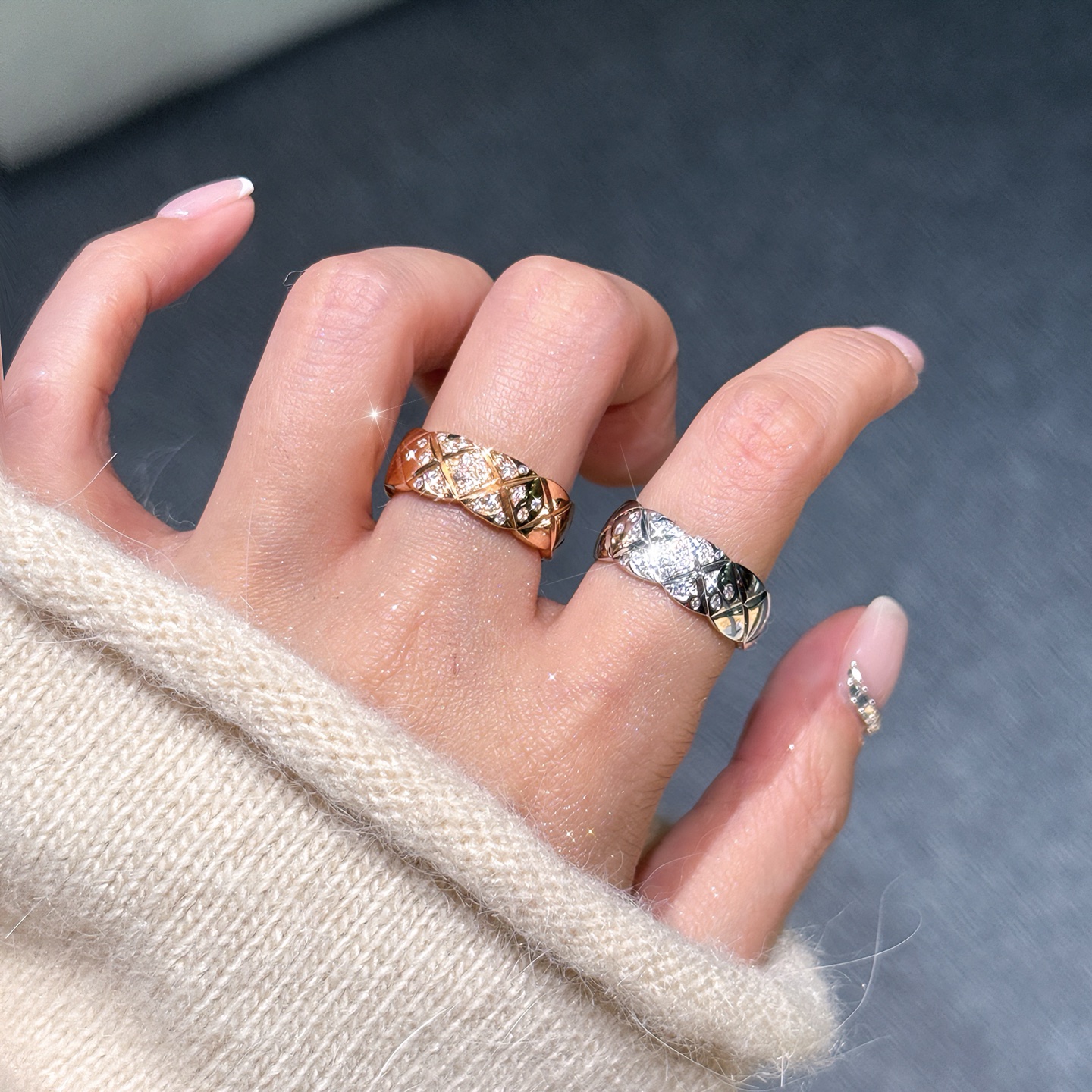 QANNA【满钻菱格】【小香风】18K金经典轻奢时尚百搭coco钻石戒指AY