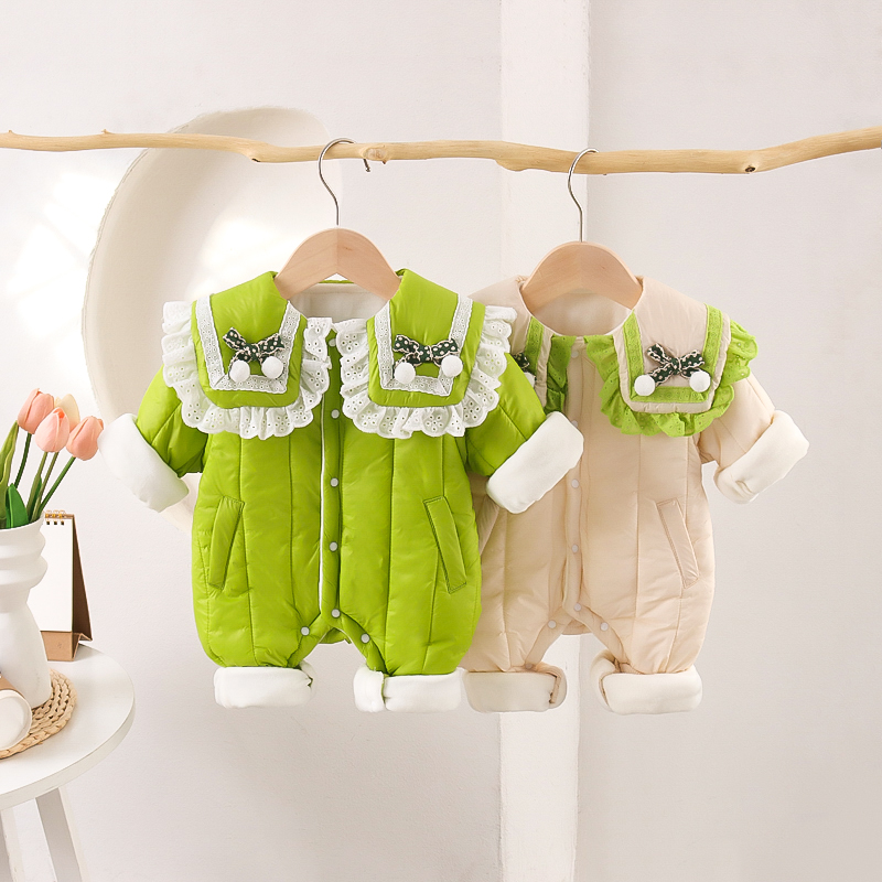 婴幼儿冬季披肩翻领厚棉哈衣甜美 可爱外出夹棉爬服