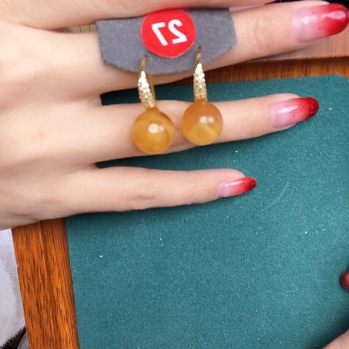 蜜蜡耳饰银S925镶嵌耳吊