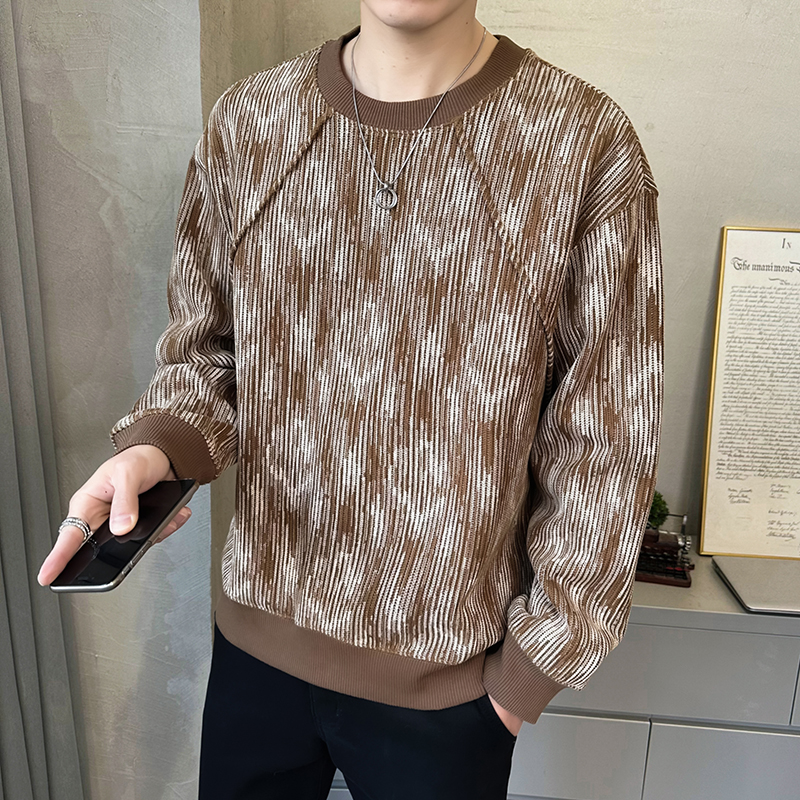 高端卫衣废土风男春秋季提花圆领打底衫宽松美式复古撞色潮流上衣