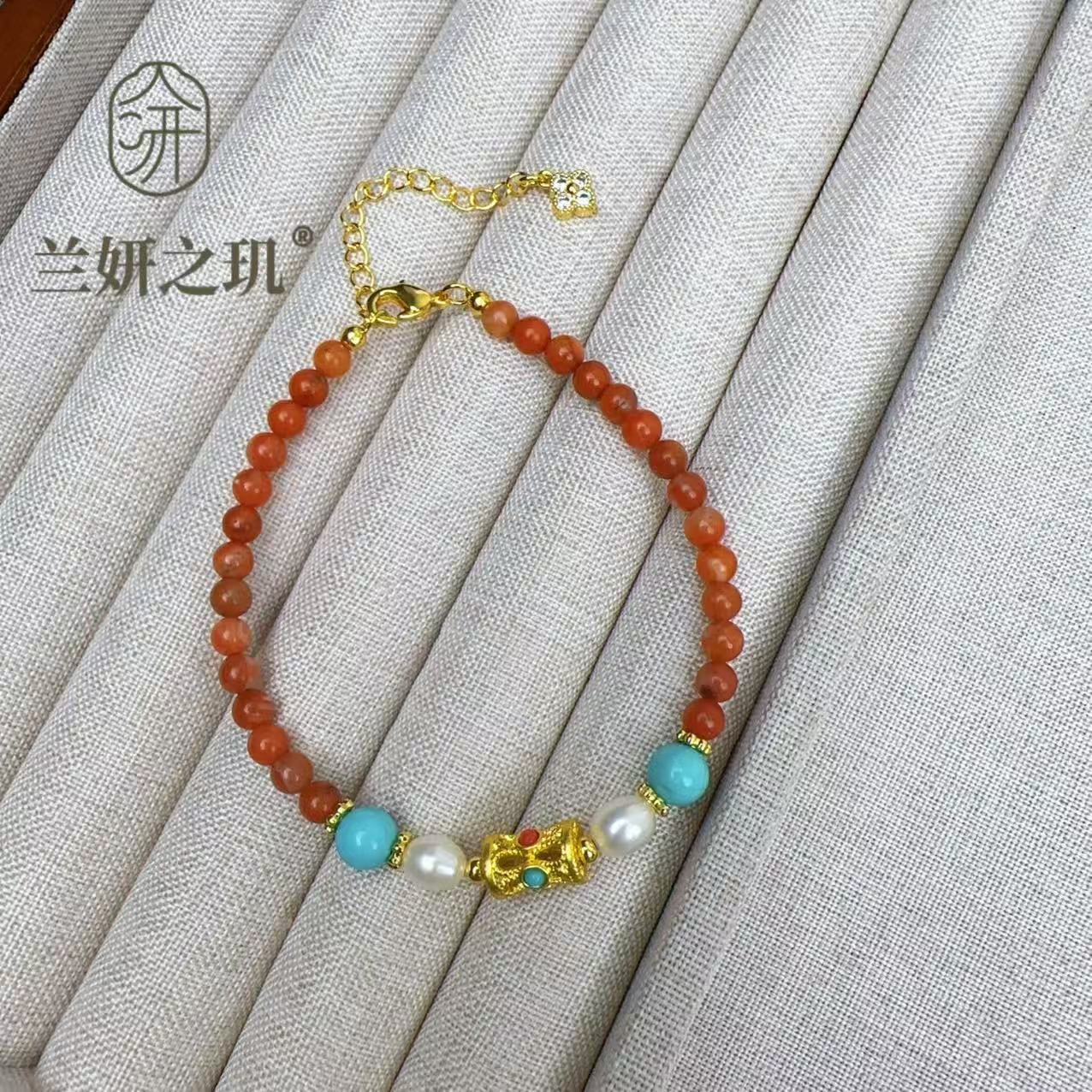 淡水珍珠 5mm楠红玛瑙珍珠手链 新中式国风绿松石天然石手串 8975