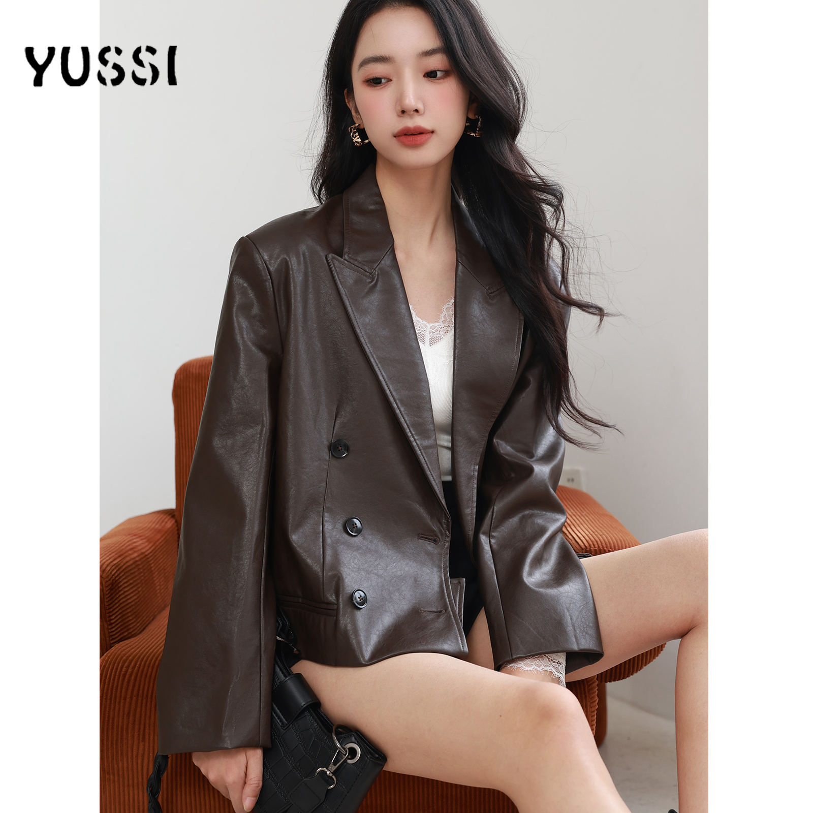 YUSSI【复古旧事】短款夹克皮衣外套女秋季设计感气质休闲咖色上衣