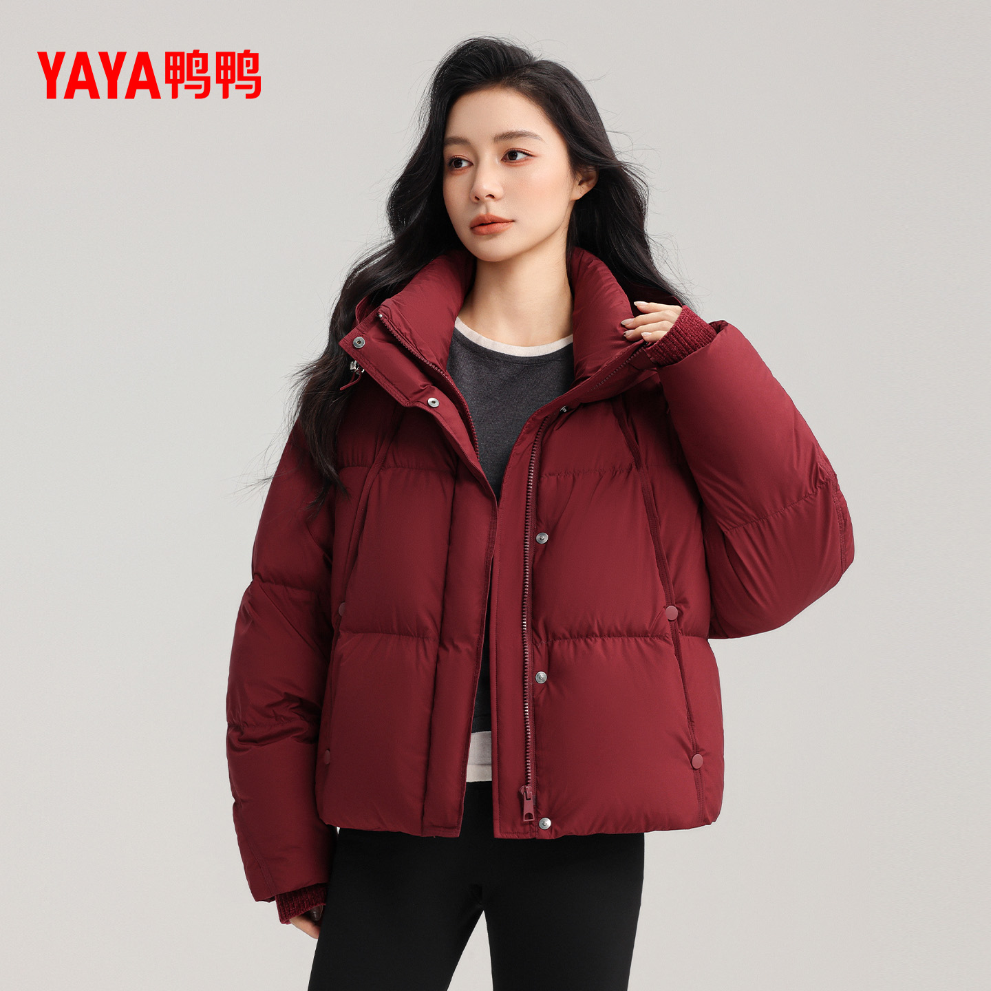 YAYA/鸭鸭羽绒服女2025冬季泡芙面包服短款连帽保暖休闲百搭外套