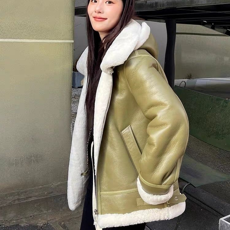 机车简约美利奴皮草多色情侣装连帽皮毛一体女款外套2160