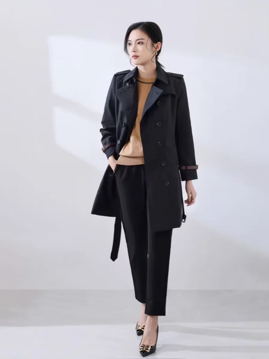 413  春秋季女装韩系双排扣纯色百搭休闲通勤风衣外套C44  