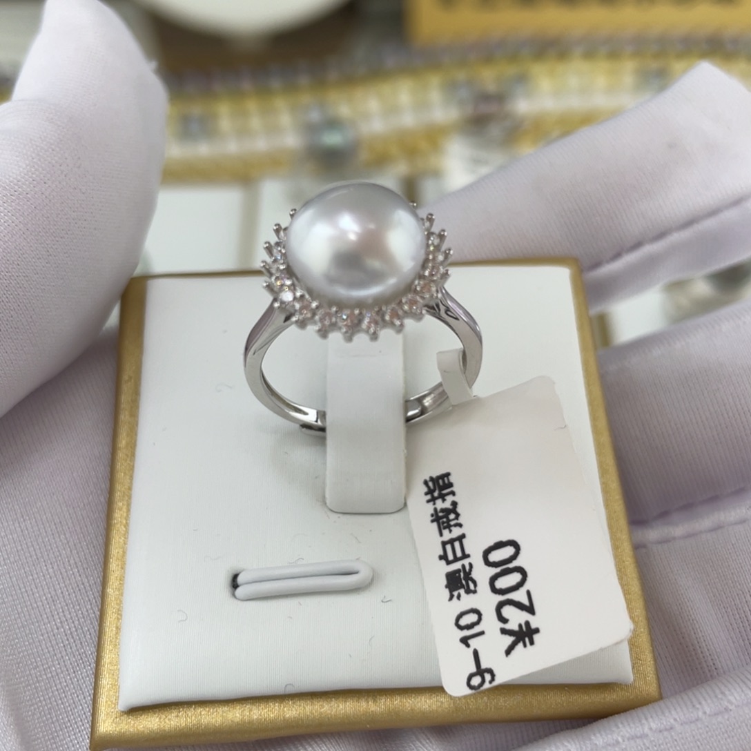 银S925镶嵌戒指海水珍珠澳白海水珍珠戒指9-10mm