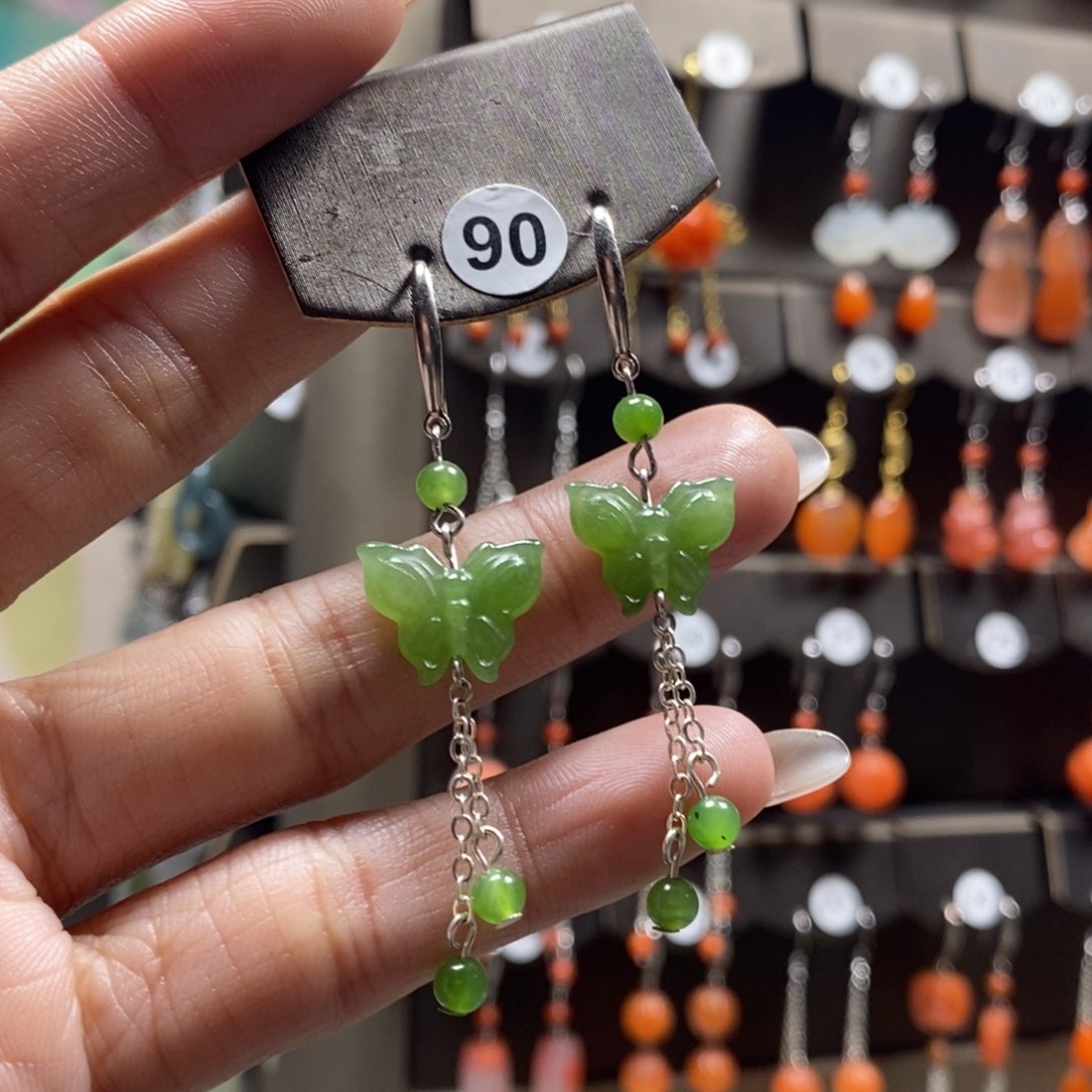 和田玉耳饰银S925镶嵌唯*