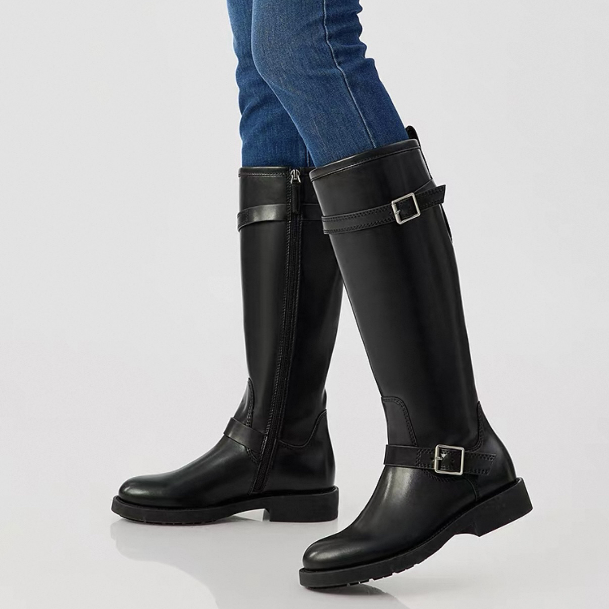 DEEP BREATH深呼吸女鞋双扣牛皮平底侧拉链马靴长靴女靴AX15253