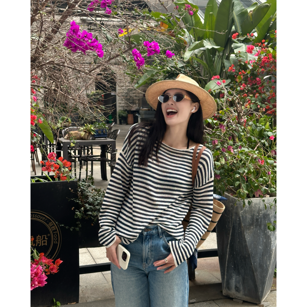 Yihouse2025春季新款撞色坑条松弛感宽松针织衫女一字肩上衣