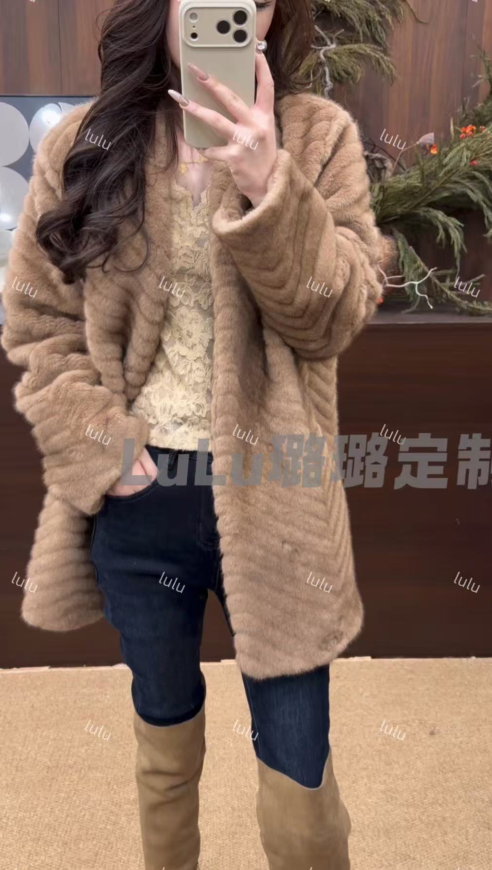 人造皮草 璐璐定制--仿水貂毛环保皮草女冬季人字纹高级外套大衣