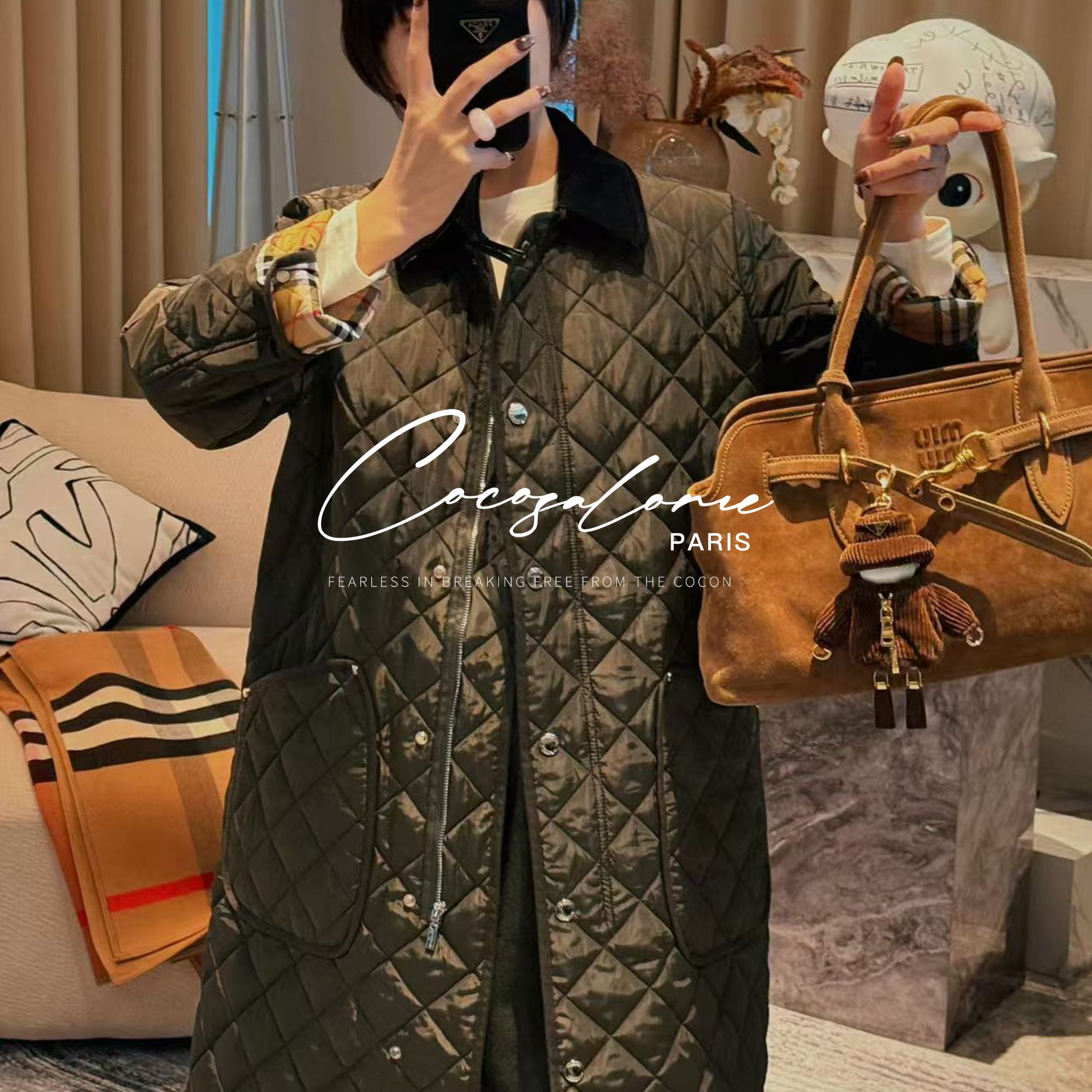 韩彬彬"芭宝丽"100%棉x羽线棉填充锁温长款时尚菱格纹棉服3260-8