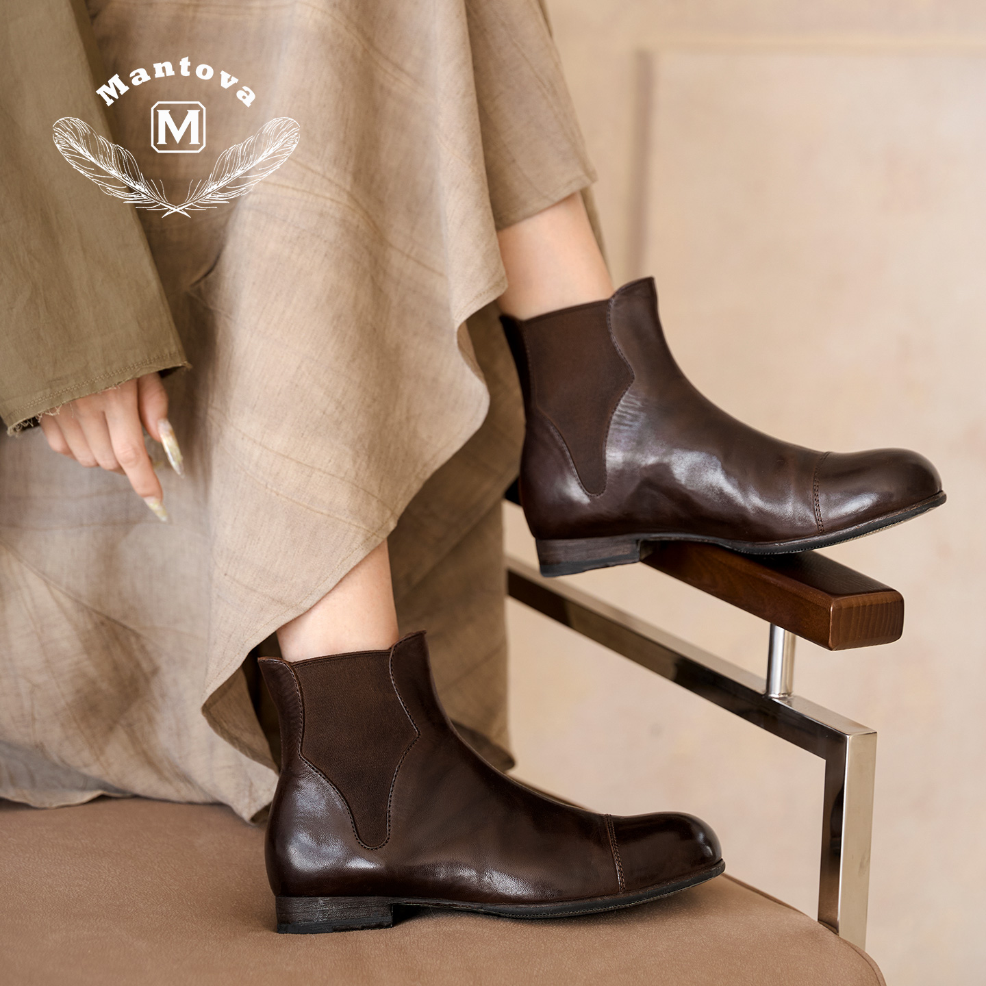 曼托瓦真皮切尔西手工女鞋马皮秋季新款明星同款百搭马皮女鞋真皮