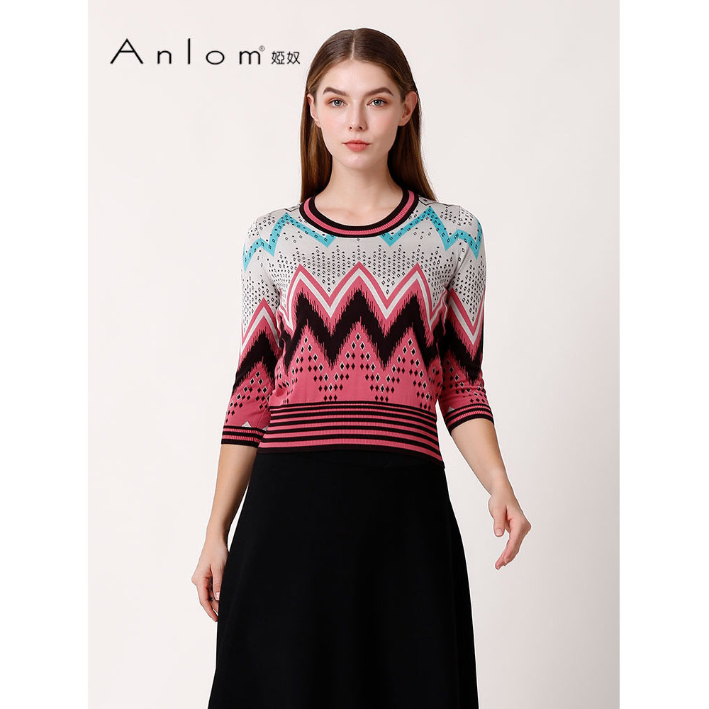 Anlom/娅奴春夏新款宽松不规则条纹桑蚕丝针织衫女上衣中袖套衫