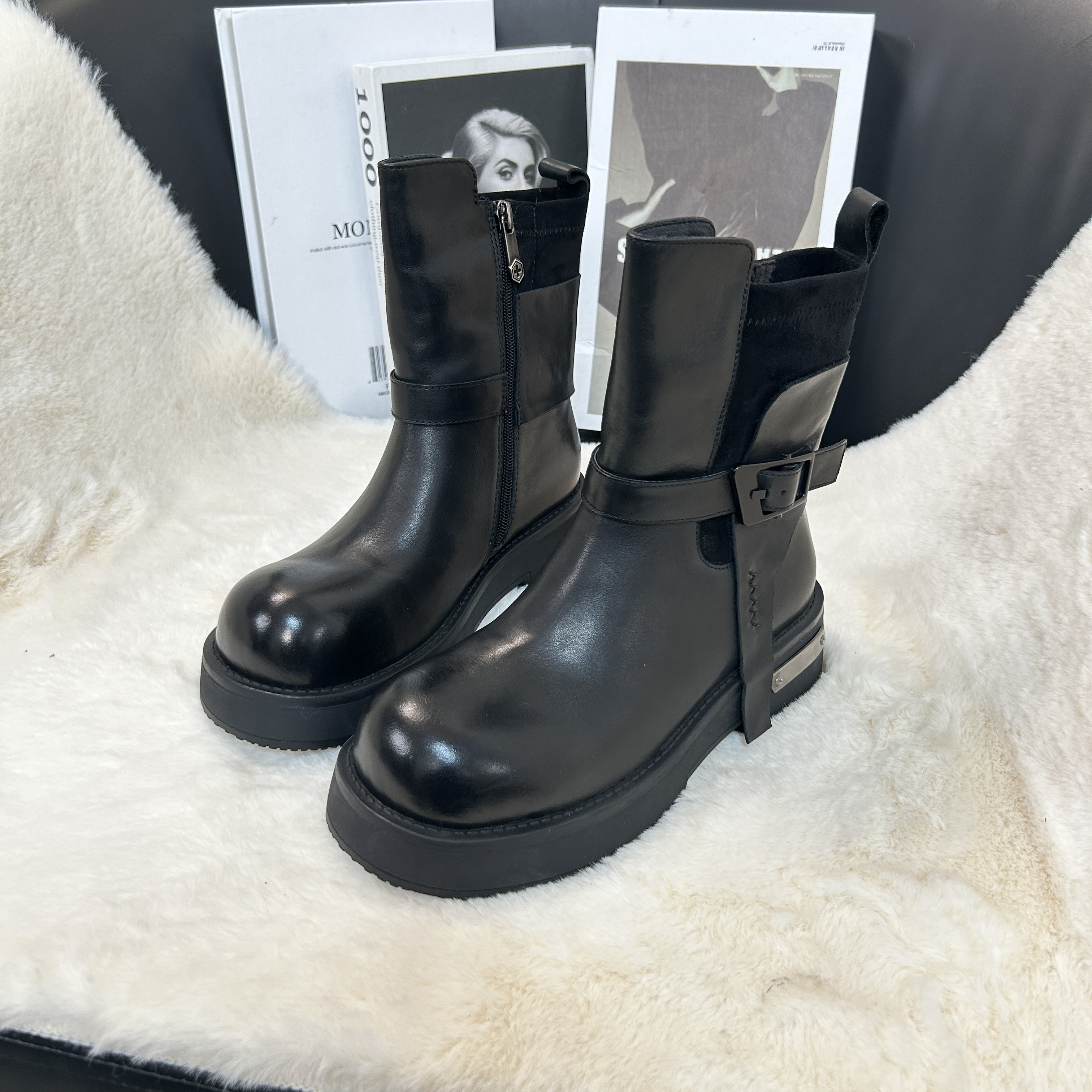 陈老板-牛皮4公分/轻奢经典百搭圆头短靴女鞋时尚秋冬靴子3053