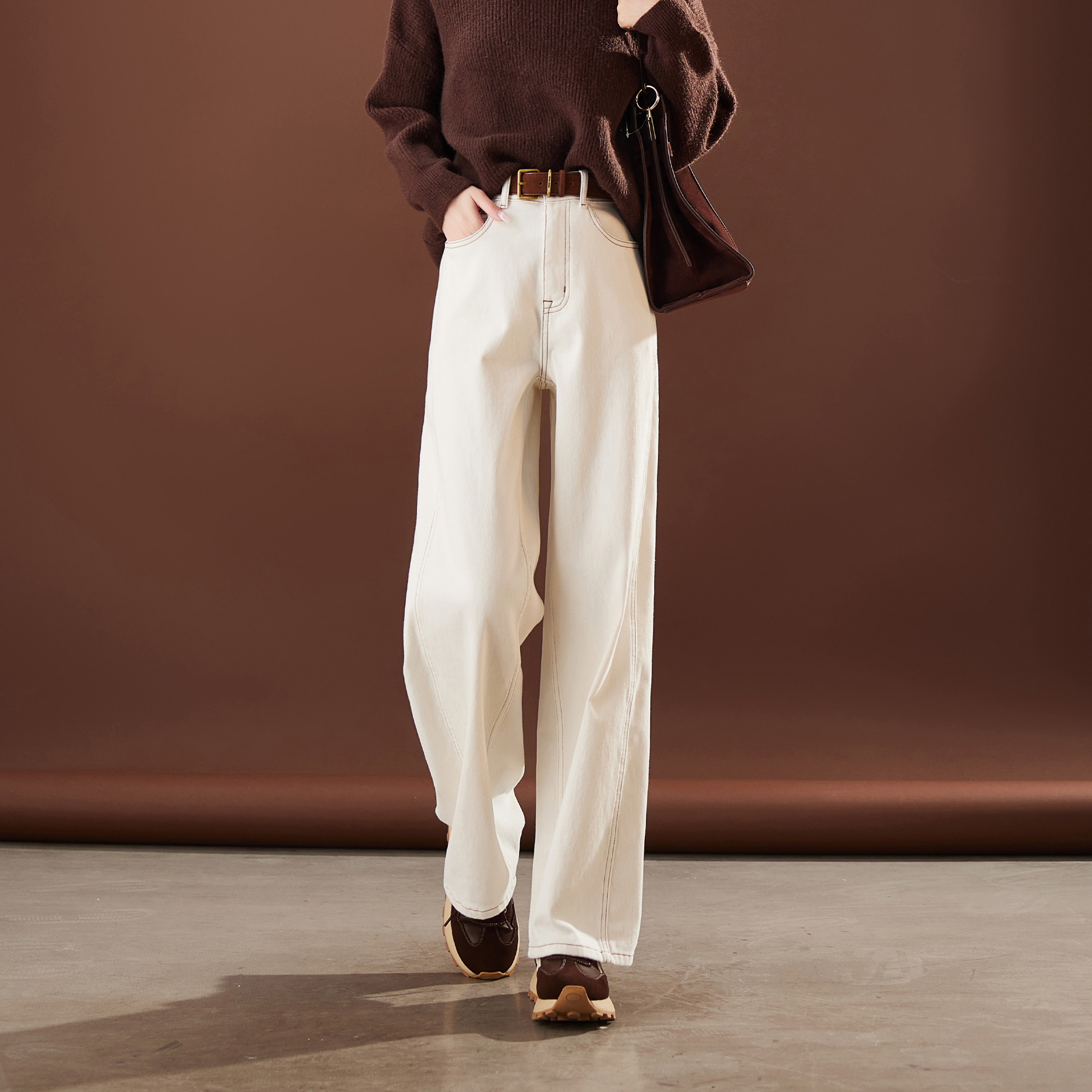 索菲丝尔加绒高腰阔腿牛仔裤女2025冬季时尚百搭显瘦拖地裤542706