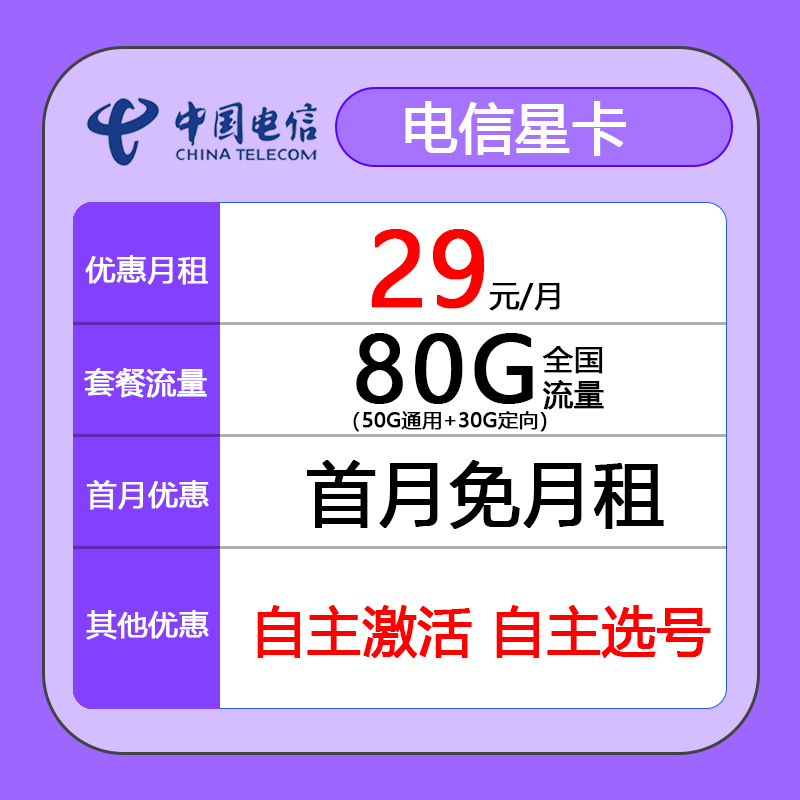 中国电信星卡首月免月租全国通用不限速大流量5G手机卡电话卡1
