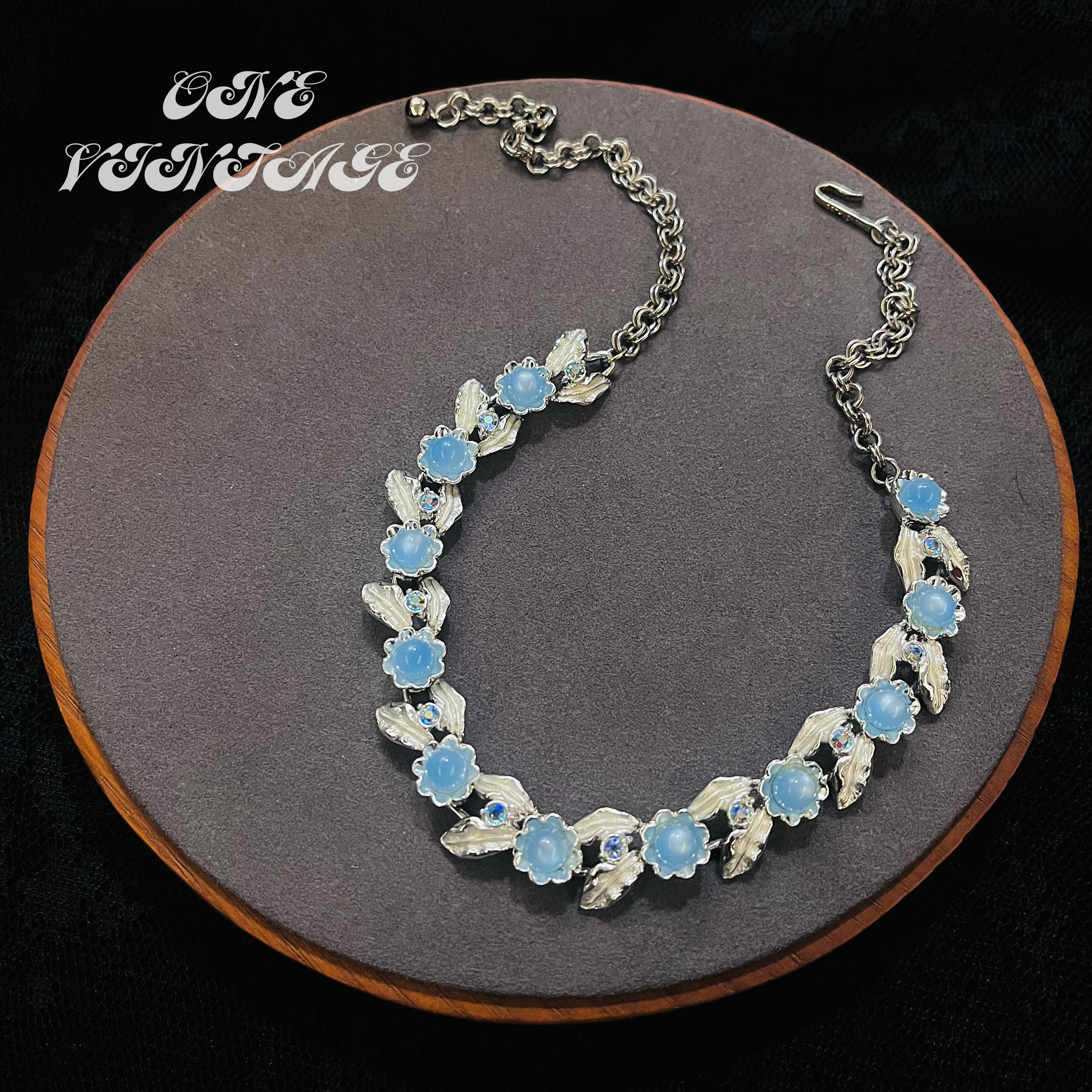 合金仿水晶项链 JUDY LEE蓝水晶花叶项链 vintage