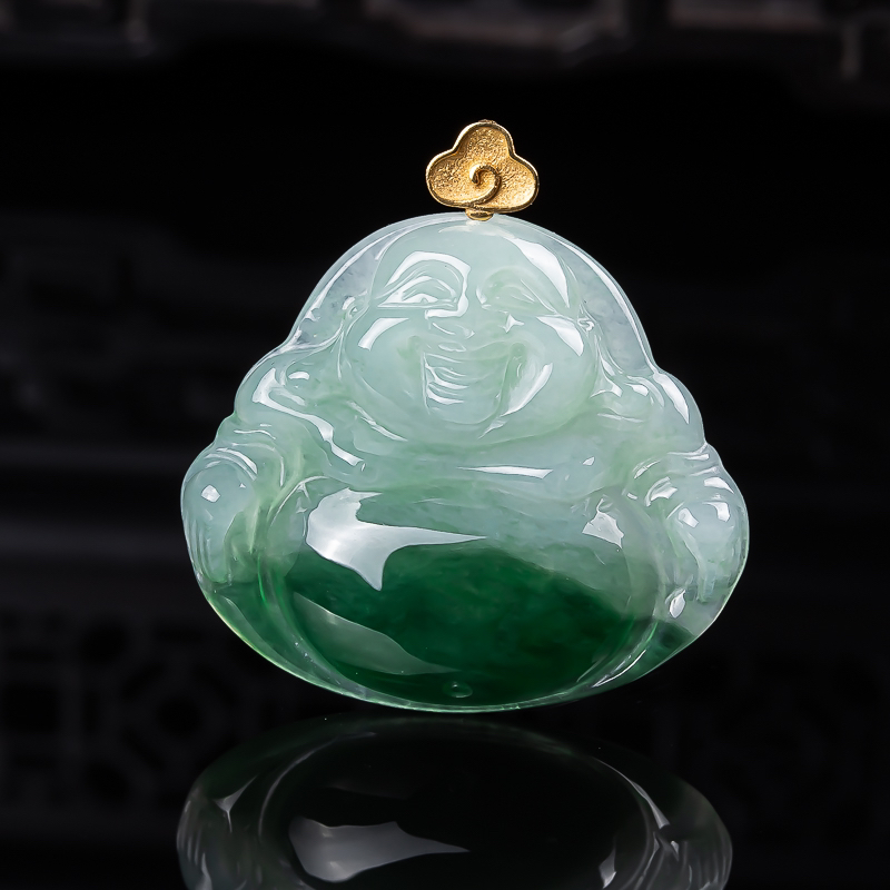18k金扣头缅甸天然翡翠冰胶半山水精致佛公吊坠 尺寸24×5.3mm