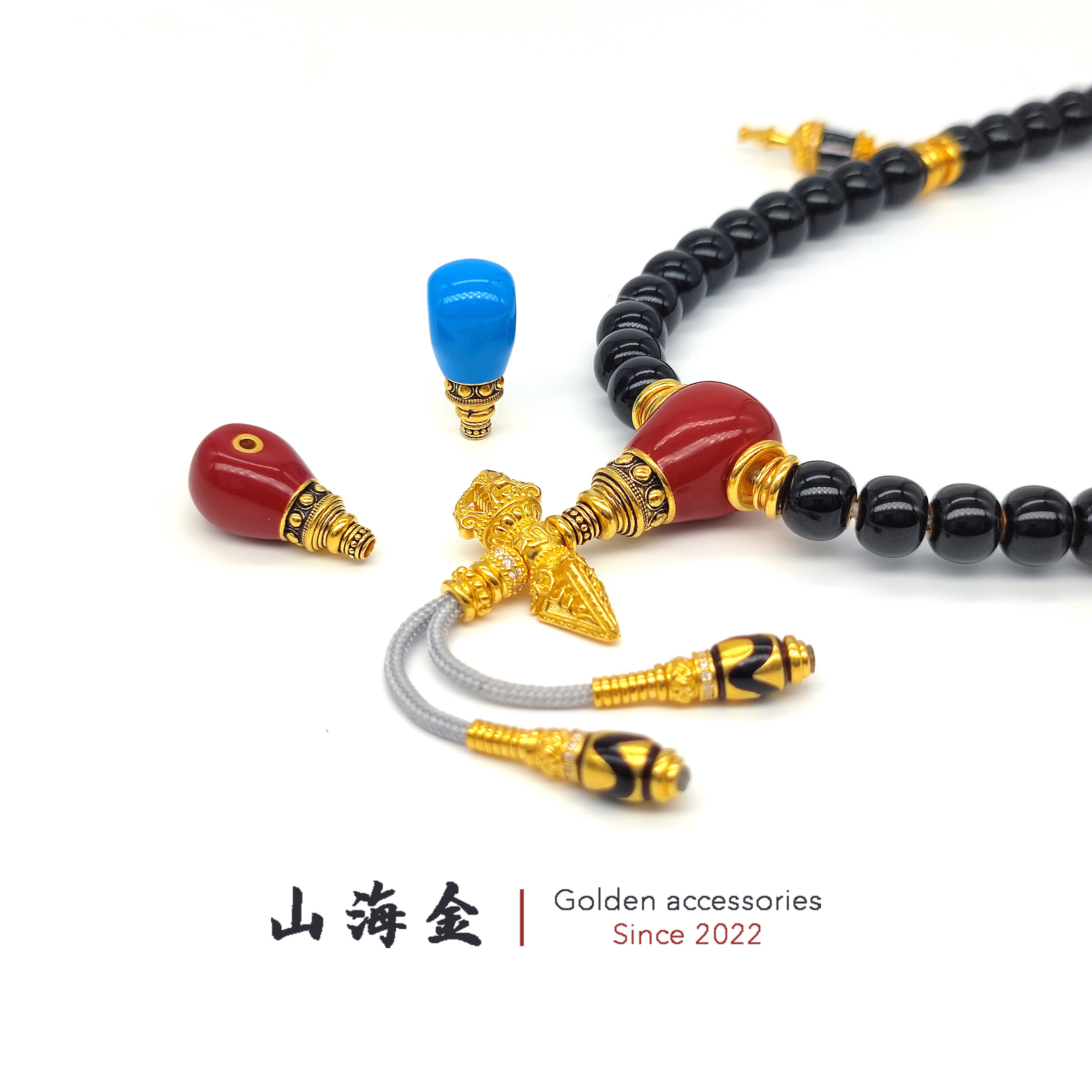 山海金 24K黄金999足金 珐琅彩佛塔三通柏香金刚文玩手串DIY配饰