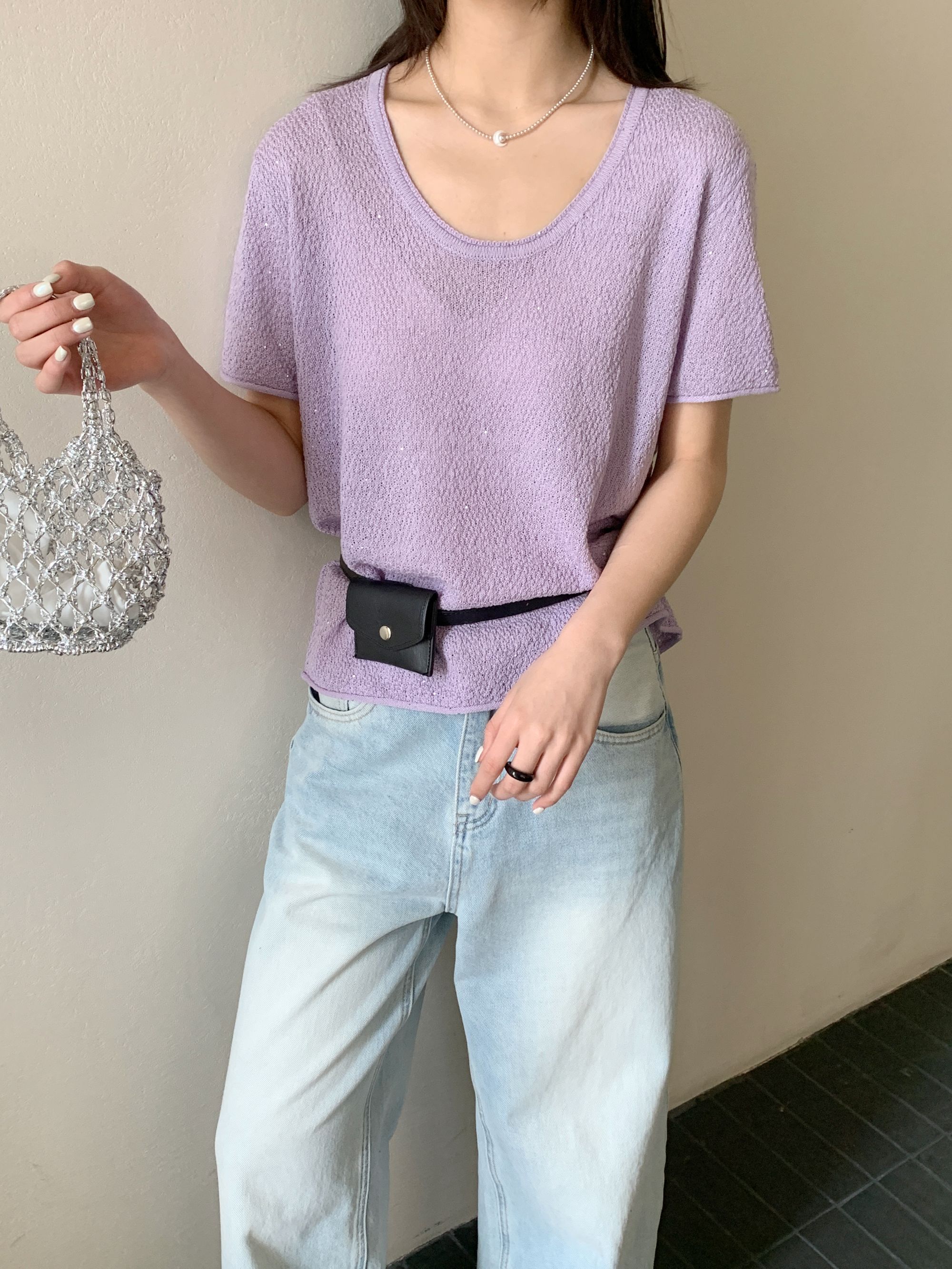 【DUODUO 509913】夏季新款莱赛尔女款U领纯色宽松显瘦针织衫短袖