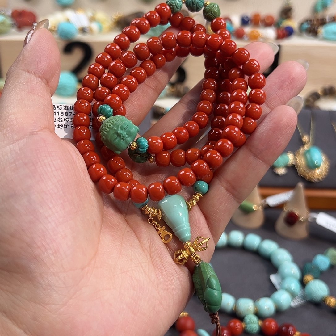 南红玛瑙18K金镶嵌手串佛头108多圈手串