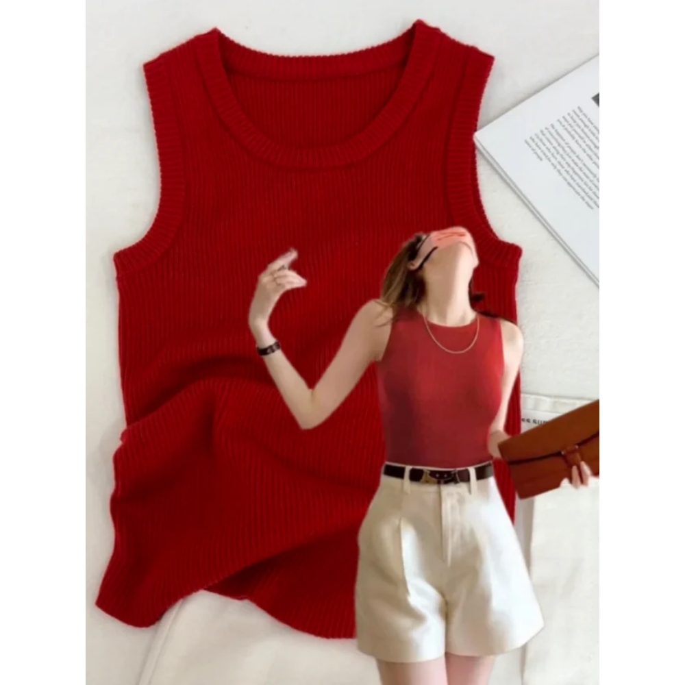 洋气时髦复古针织吊带女红色显白遮副乳内搭上衣春夏外穿打底背心