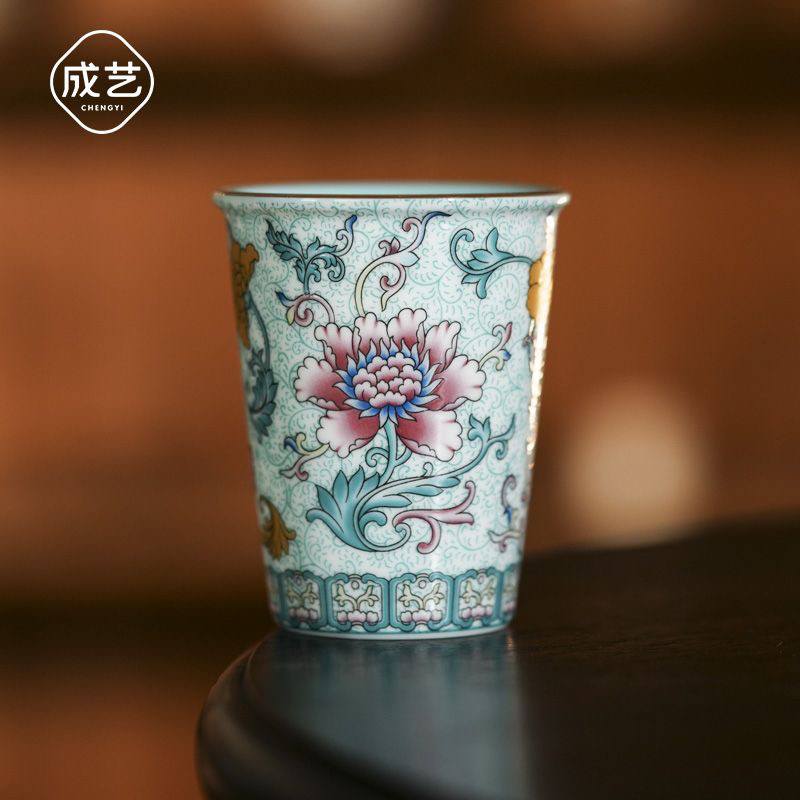 珐琅莲韵小可乐杯高温陶瓷珐琅彩大茶杯单杯珐琅彩茶具