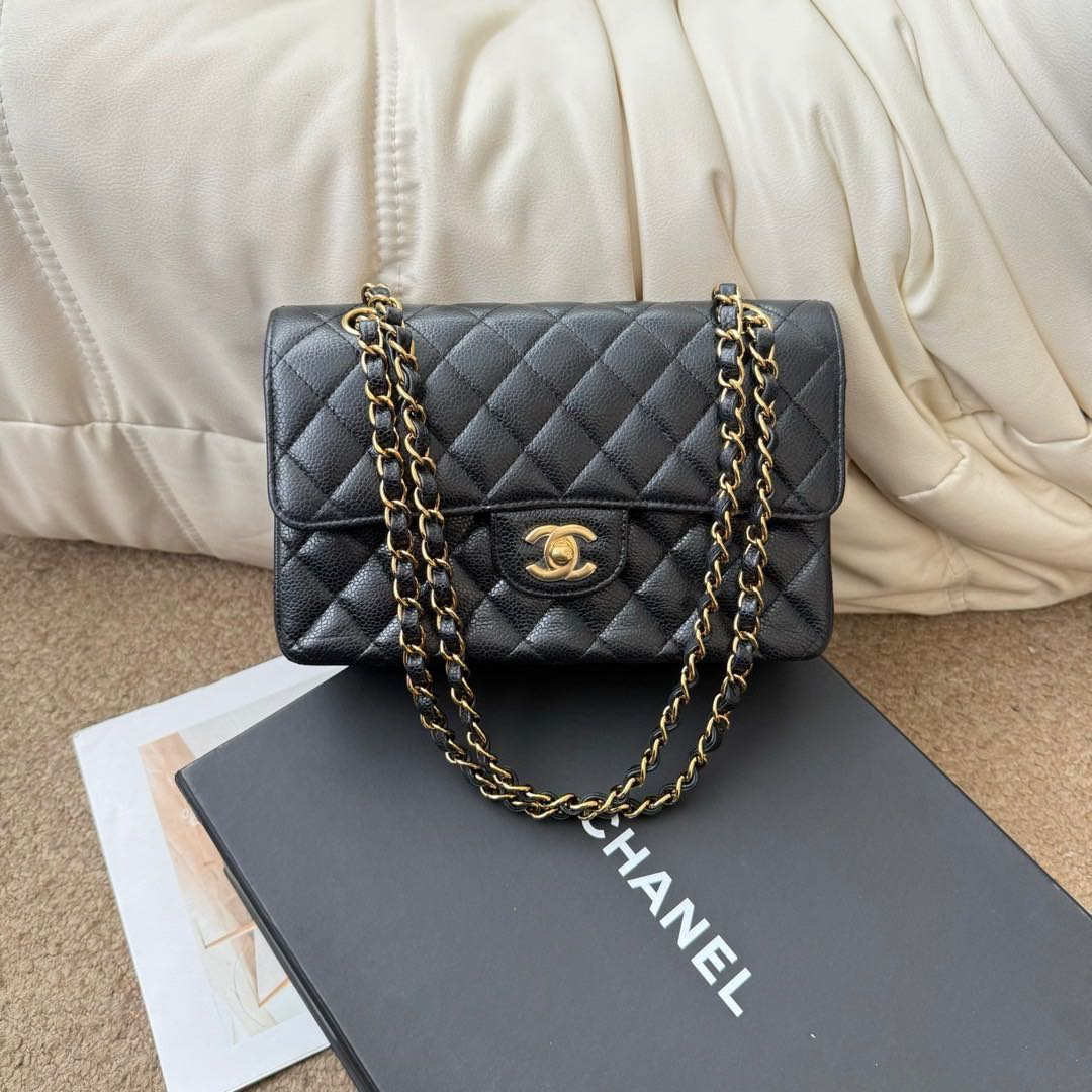 95新 Chanel/香奈儿 黑金 荔枝牛 经典cf小号单肩包/608029705