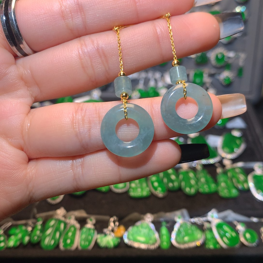 翡翠耳饰银S925镶嵌甜甜圈