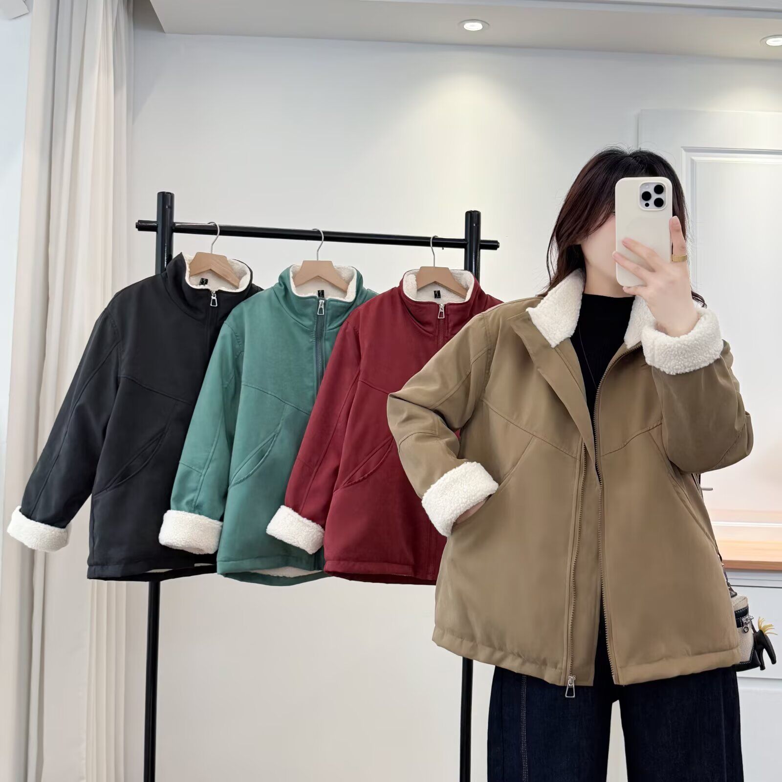 大码女装冬季新款宽松休闲翻领咩咩毛拼接棉服外套保暖棉衣外套