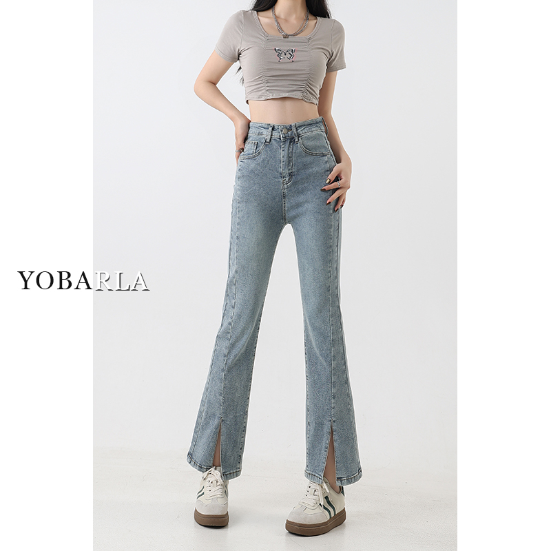 【618】复古开叉微喇牛仔裤女高腰夏季修身显瘦梨形身材弹力九分裤