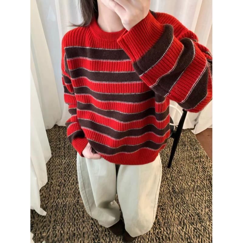 59208#长袖条纹宽松针织衫女半高领毛衣上毛针织衫秋冬季加厚