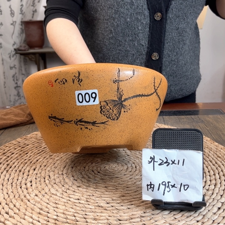 紫砂花盆柴烧鱼趣刻绘窝口009