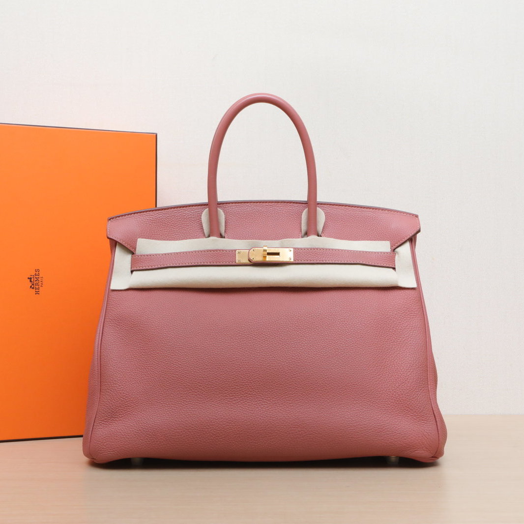 95新 Hermes/爱马仕 花花Birkin 35 3L玫瑰茶色 Togo皮 框Q 金扣