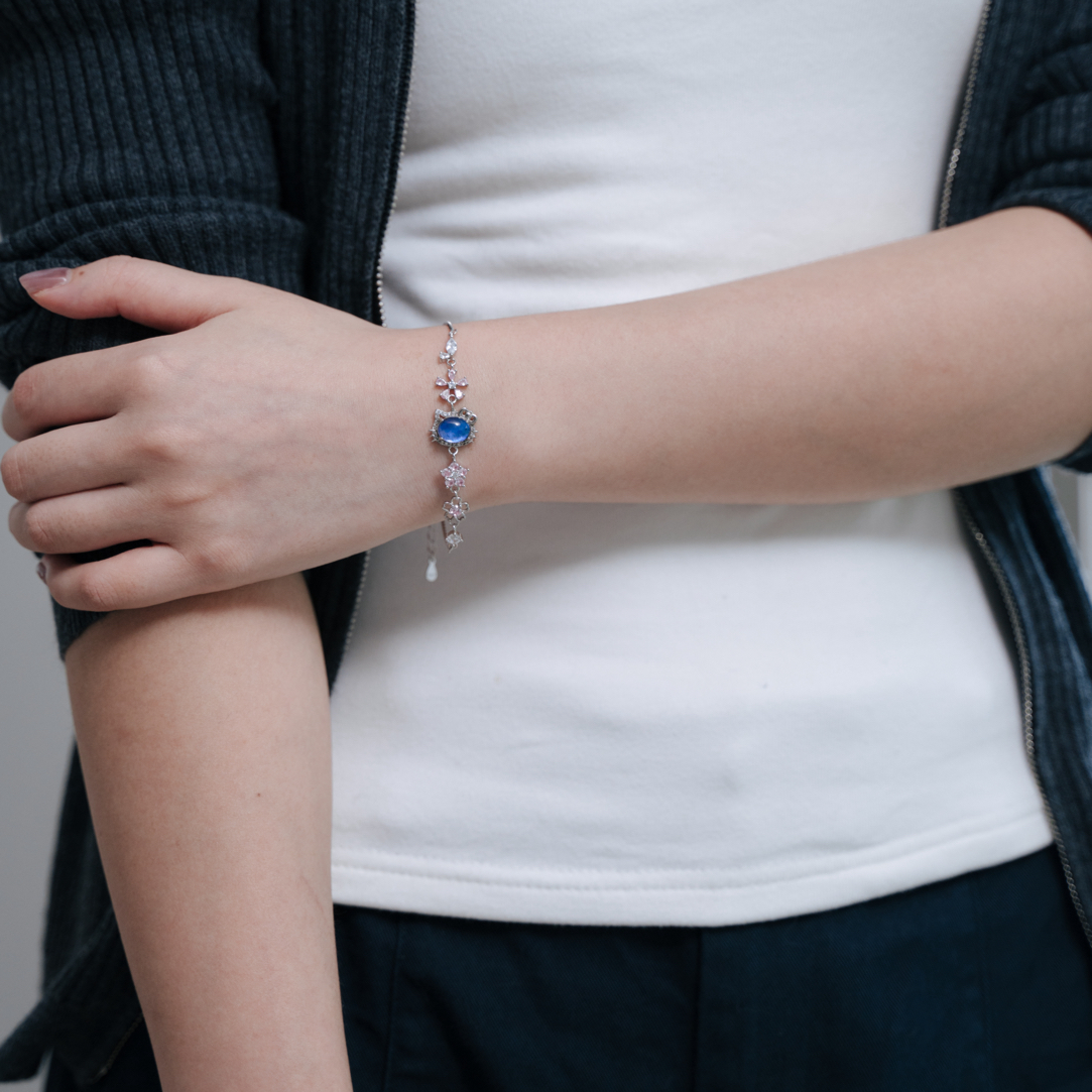 925银玻璃银制品 925kt猫大蓝闪蝶手链