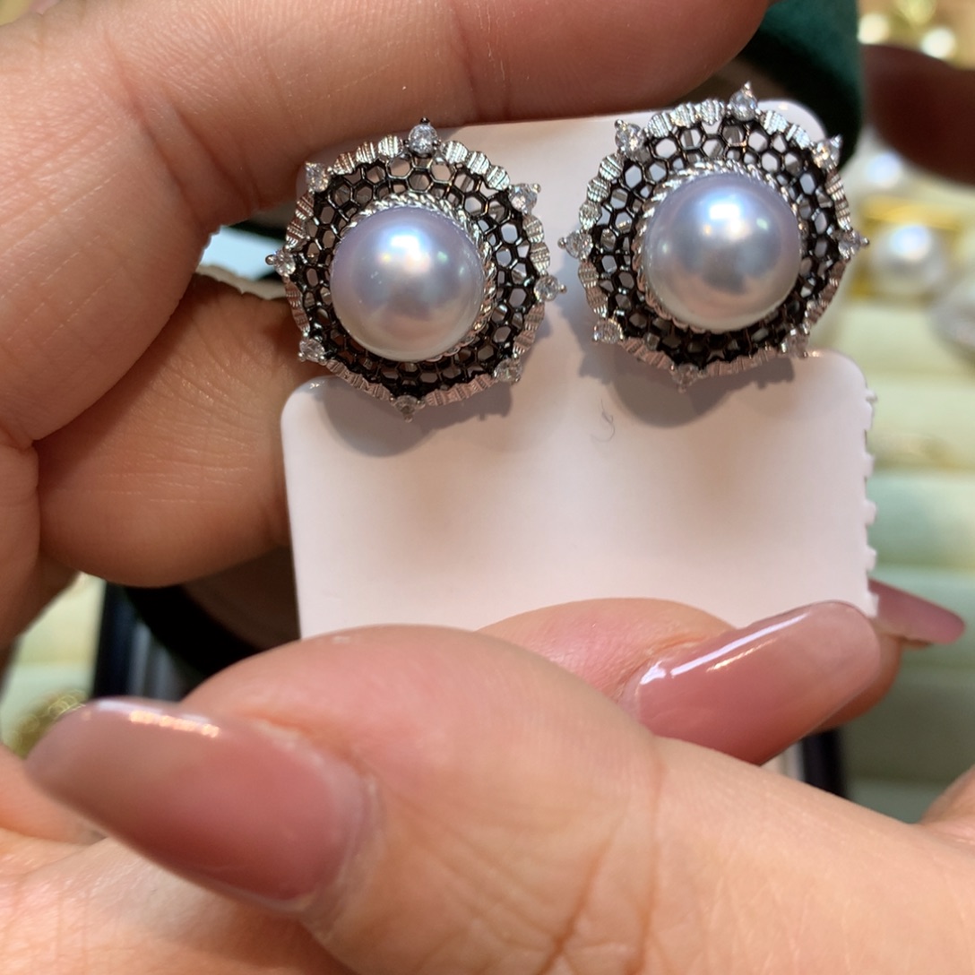海水珍珠耳饰银S925镶嵌