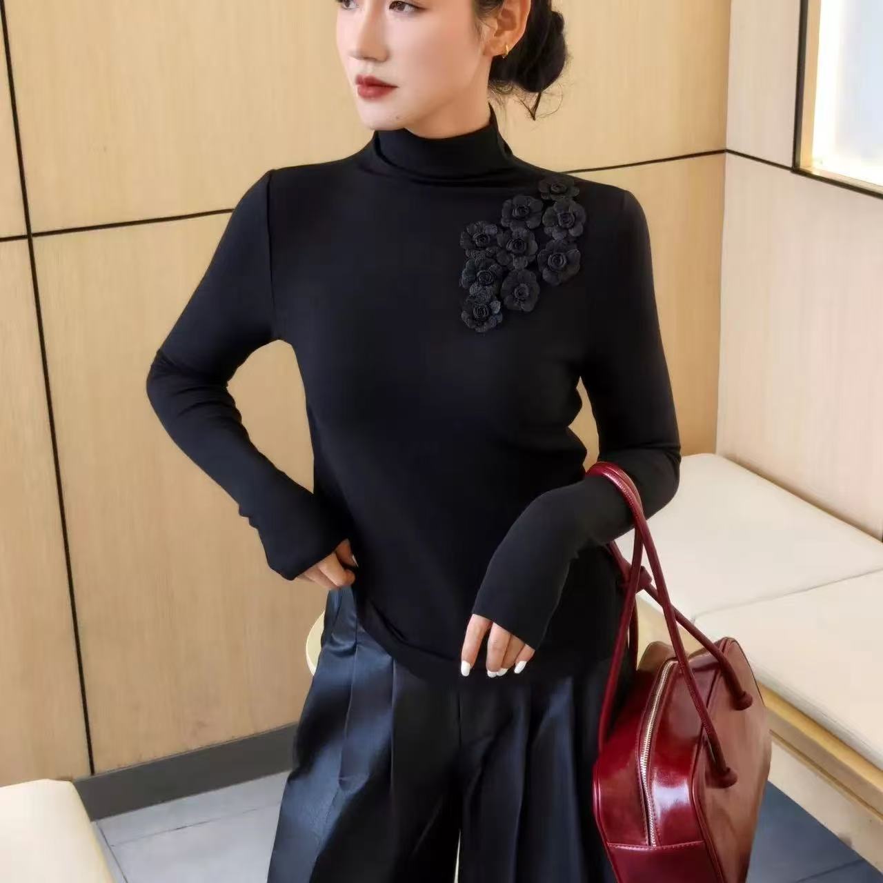 【蛋白绒】自发热半高领长袖T恤韩版遮肚腩打底衫女士黑色气质网红